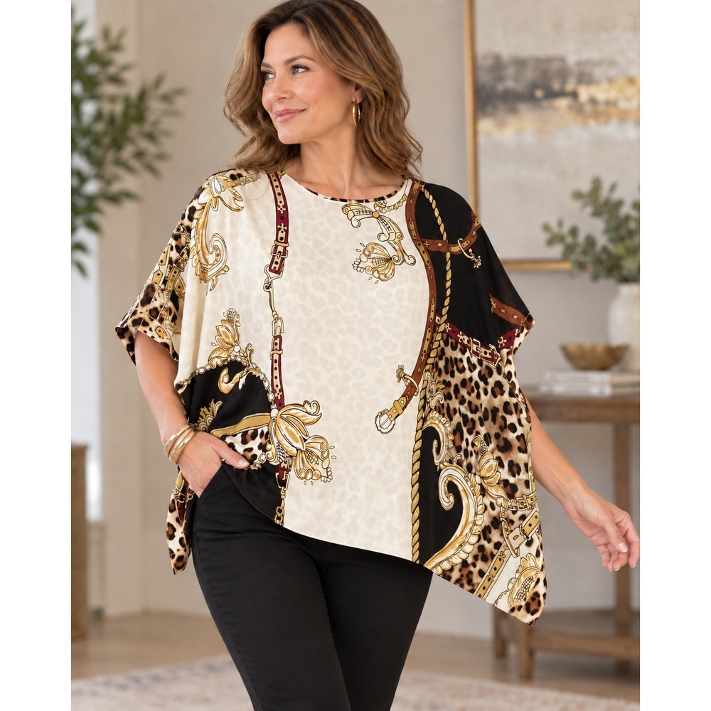 Chico's Poncho Blouse Multicolor Reversible Leopard Scarf Print L/XL